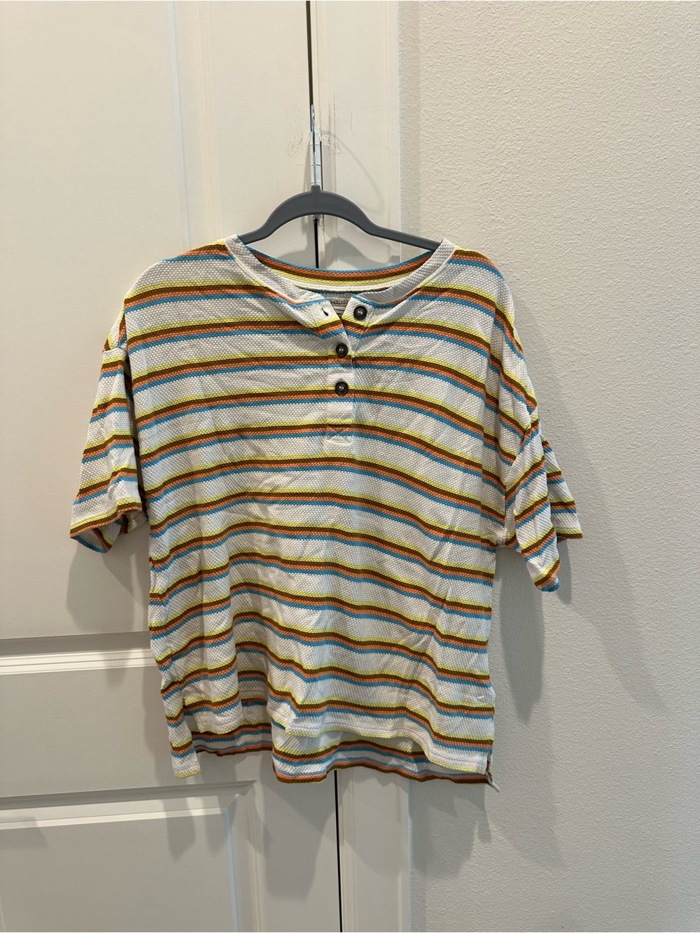 Urban Outfitters White Short-Sleeve Henley with Yellow, Green & Blue Stripes